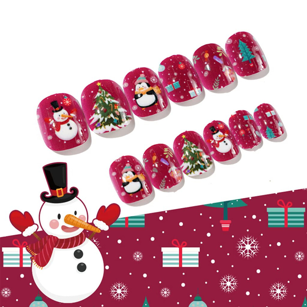 Short Square Christmas Press On Nails with Snowman Design, Festive Full Cover False Nail Tips