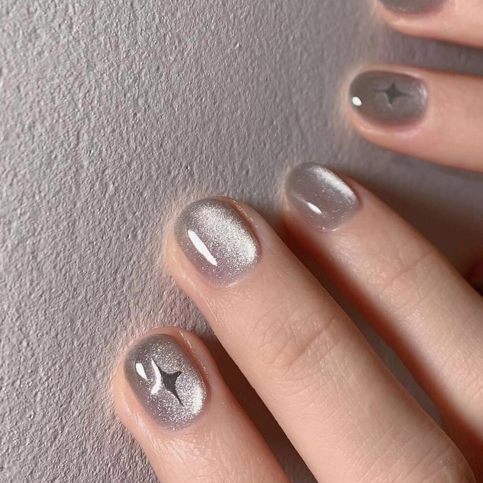 Silver Press On Nails Short Cat Eye Squoval Acrylic Fake Nails With Glue 24Pcs Glossy Set