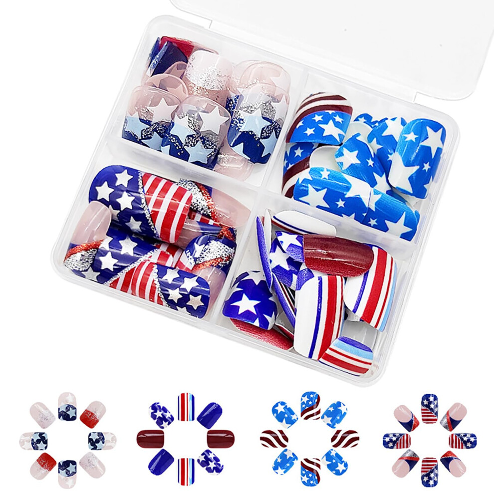 Fourth of July Press on Nails Short Square Glitter Fake Nails American Flag Acrylic Set 96Pcs