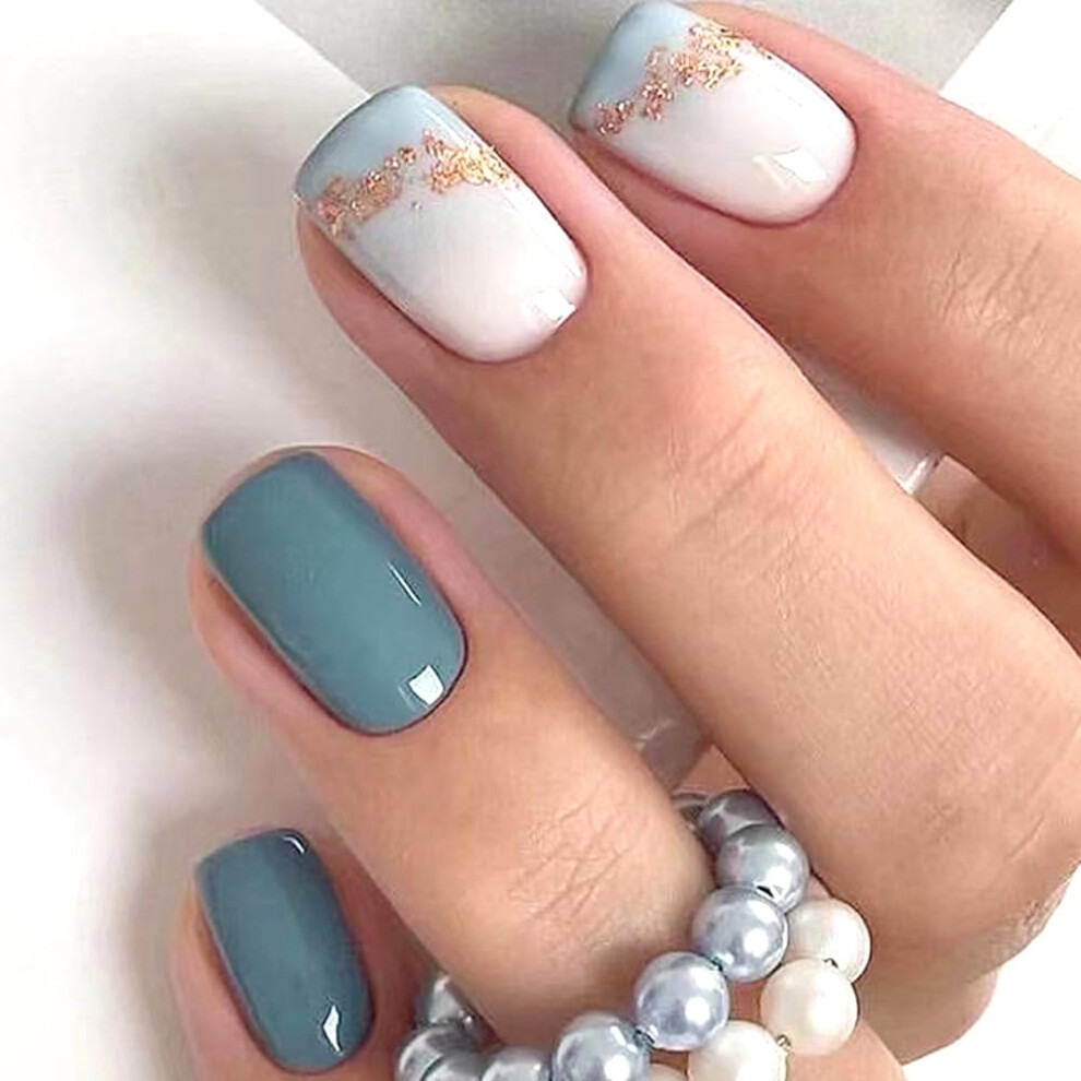 Short Square Blue Press On Nails with Glitter, Reusable Acrylic Fake Nails Set for Women, 24pcs