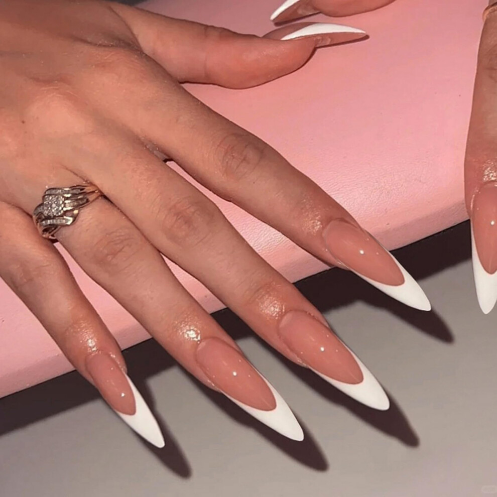 White French Tip Press On Nails Long Stiletto Fake Nails Reusable Acrylic False Nails 24 Pcs