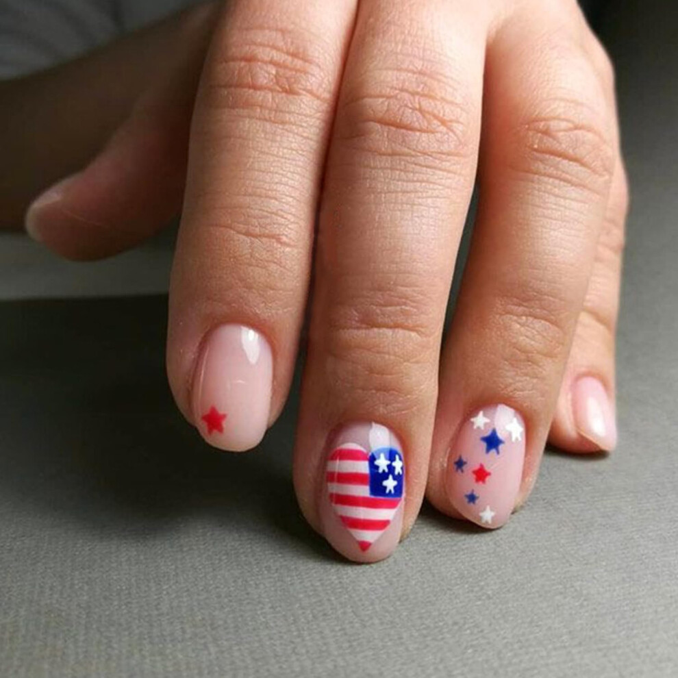 4th of July Press On Nails Short Coffin Patriotic Fake Nails American Flag and Star Design 24PCS