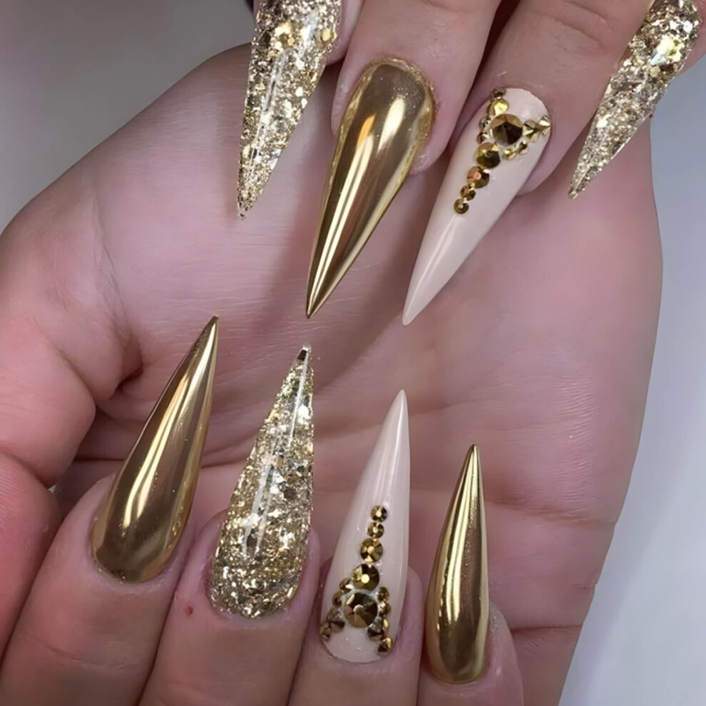 Gold Long Stiletto Press On Nails Glitter Chrome With Rhinestones 24Pcs Fake Nail Set