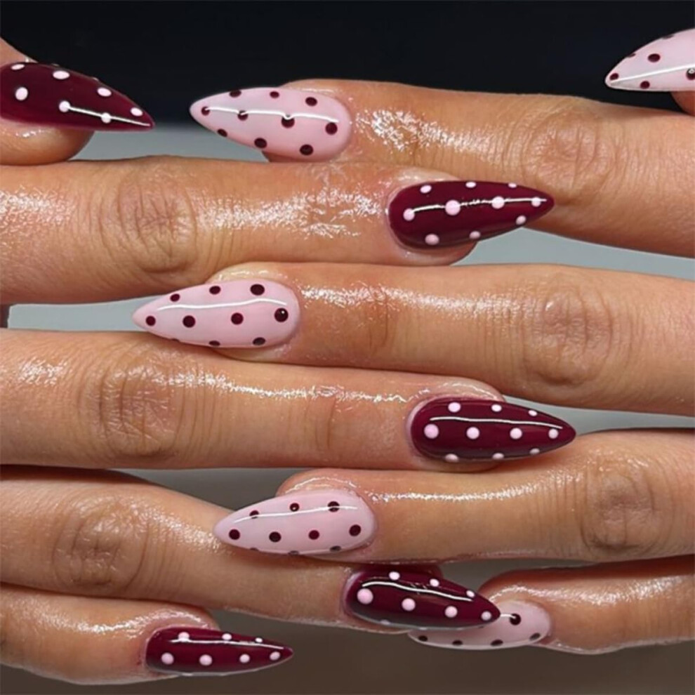 Pink Medium Almond Press On Nails Glossy Fake Nails With Polka Dot Design 24Pcs For Women