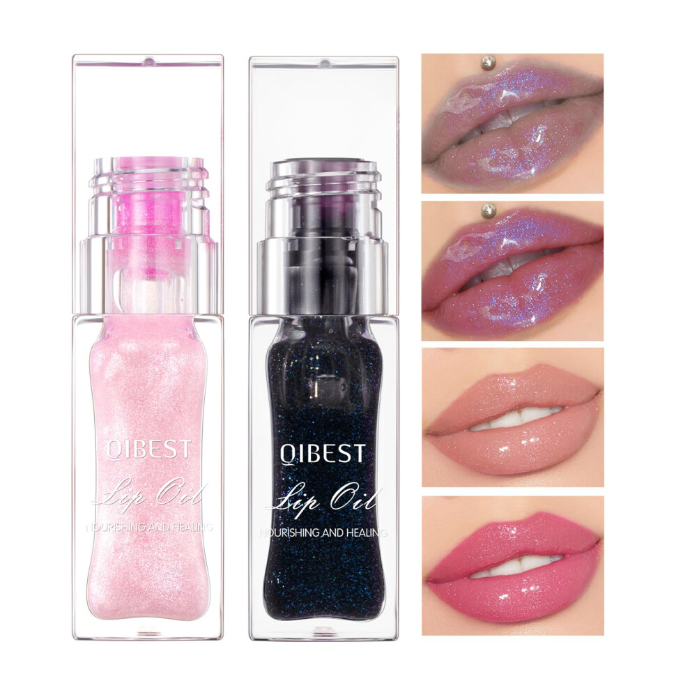 Pink,Black Color Changing Lip Oil Set With Pink And Black Glitter, Long Lasting Hydrating Plumping Shine