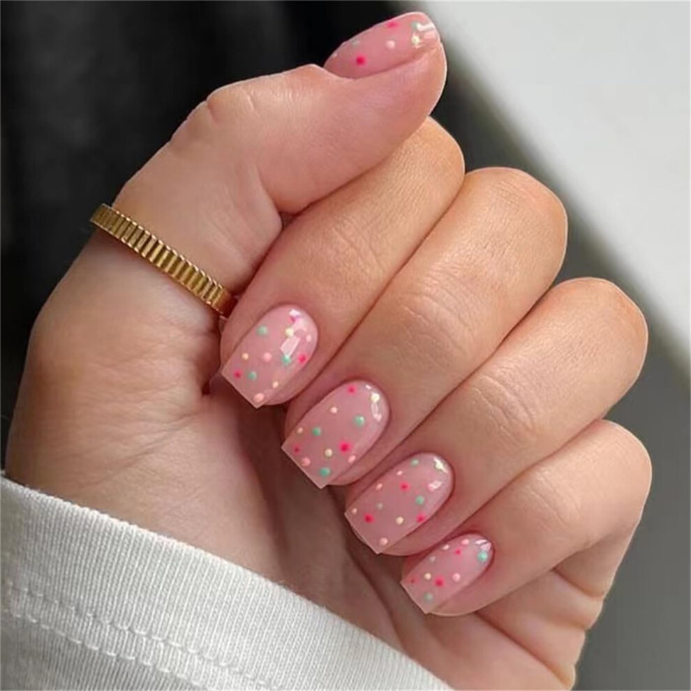 Colorful Polka Dot Press On Nails Set for Women, 24pcs Fake Nails with Glue and File