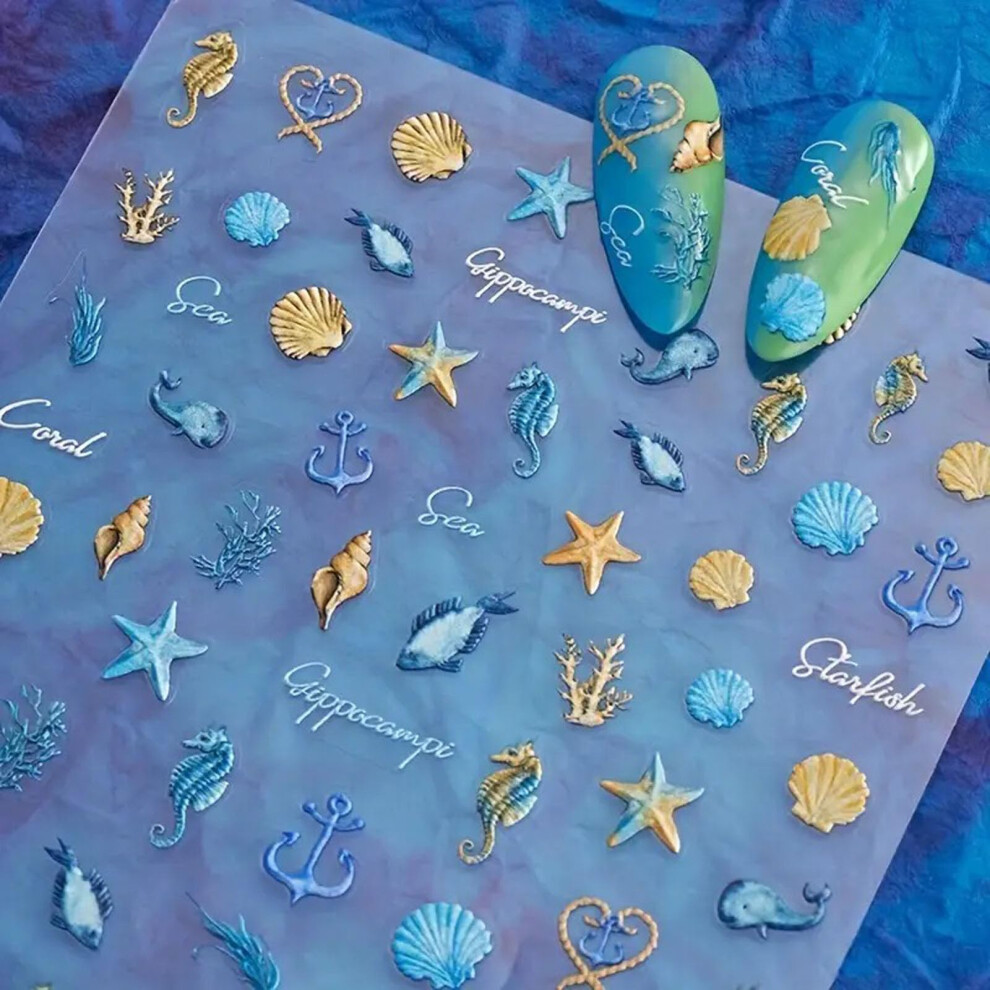 Blue 5D Ocean Theme Nail Stickers Embossed Starfish Shell Jellyfish Decals For Summer Beach Manicure