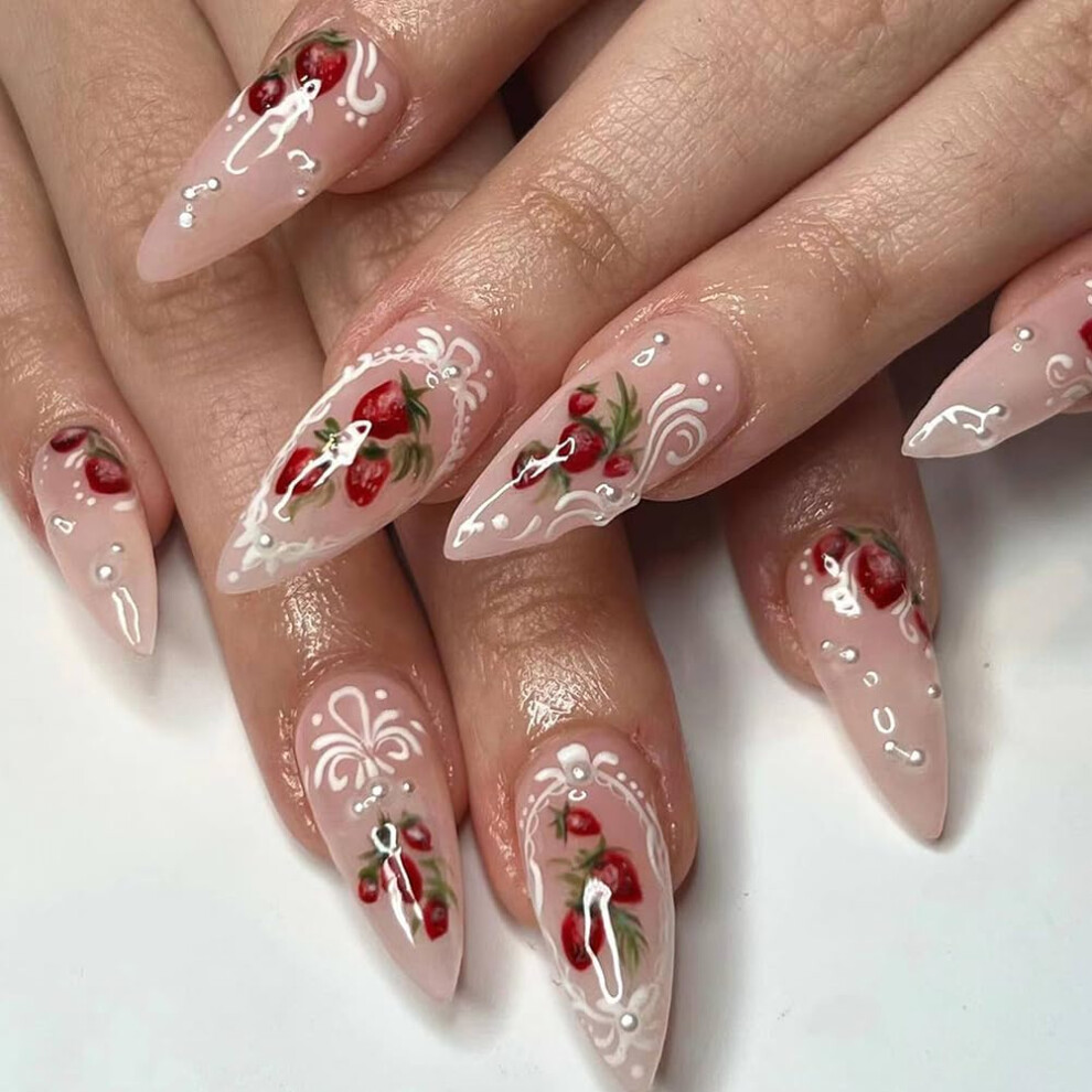 Short Almond Press On Nails with Strawberry Design, Glossy Reusable Fake Nails Kit for Women, 24Pcs