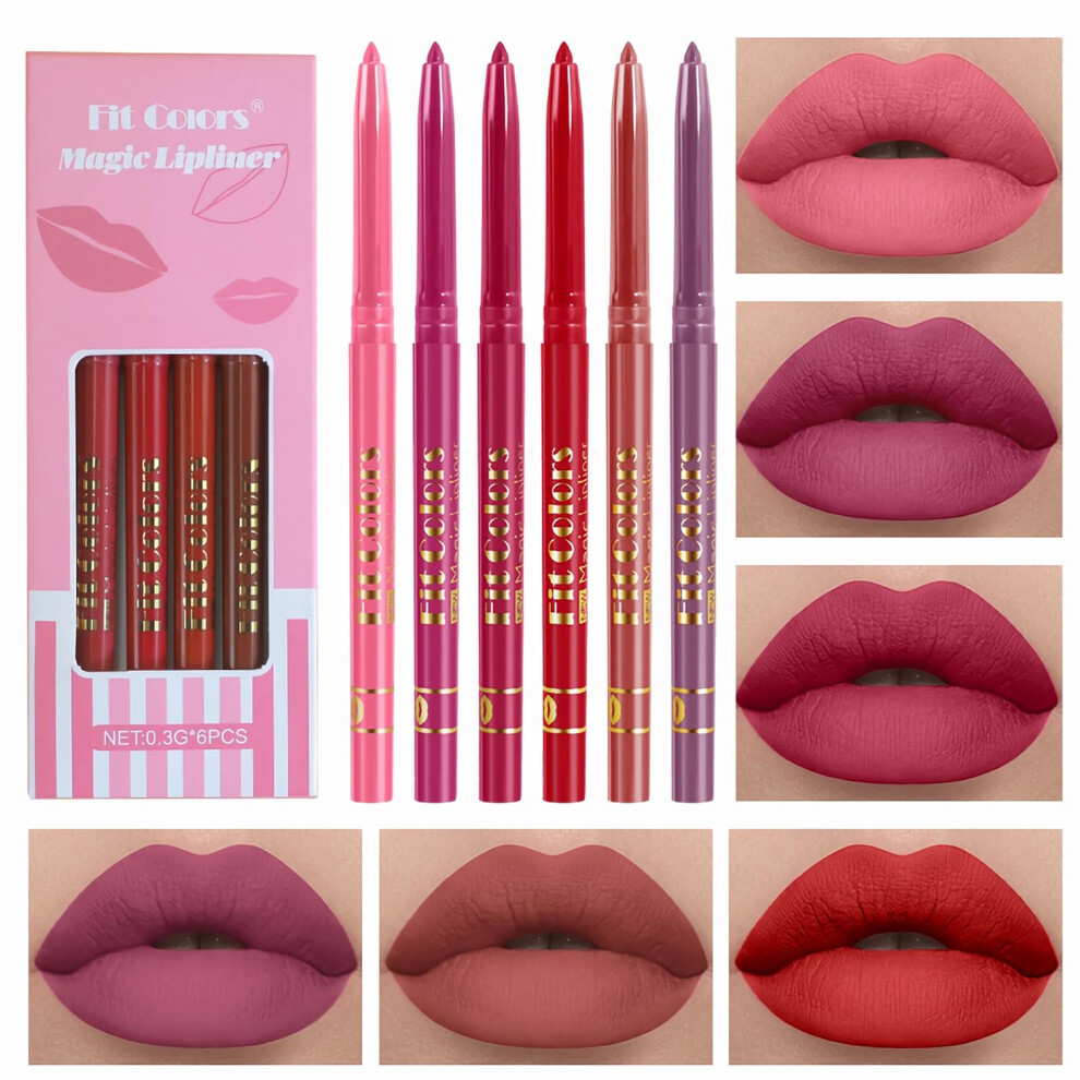 Pink,Red Matte Lip Liner Set 6Pcs Pink To Red Shades Waterproof Longwear Smooth Precision Lip Contouring