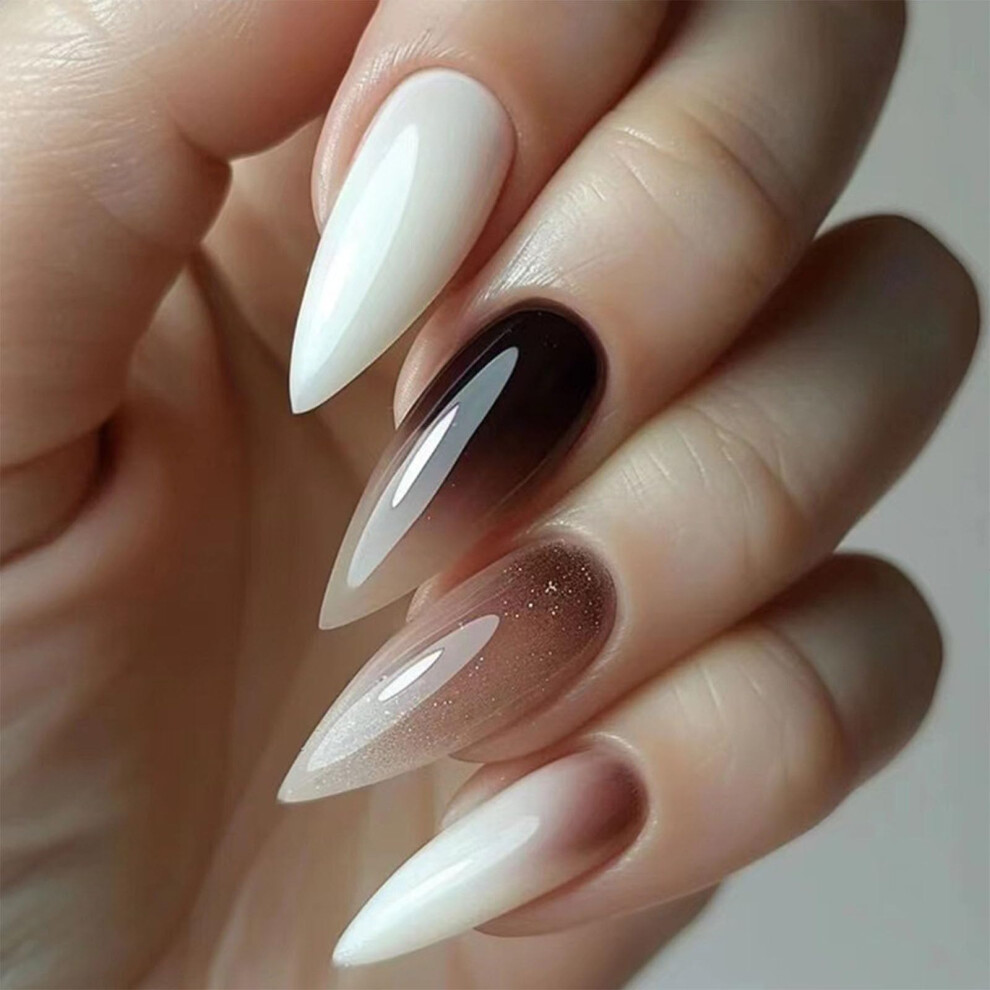 Long Almond Press on Nails with Glue Brown Gradient Stiletto Fake Nails Full Cover Acrylic Set 24Pcs