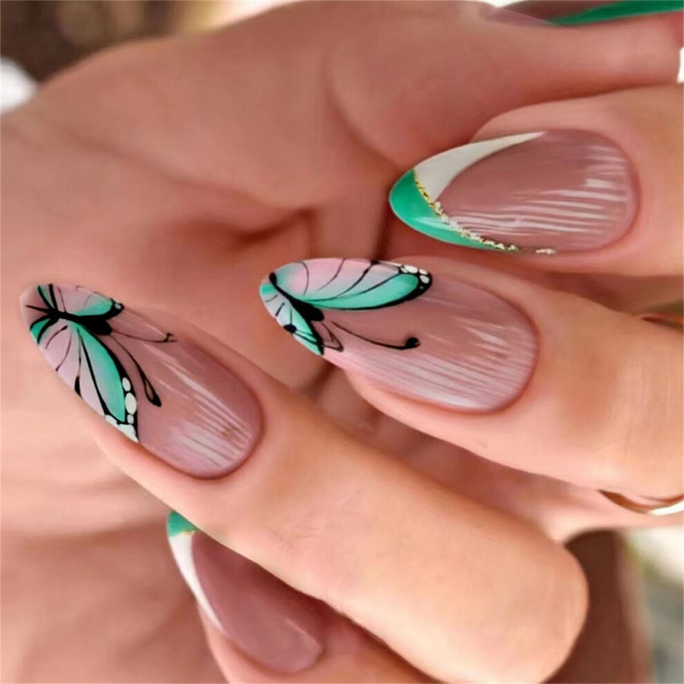 Blue French Almond Press On Nails With Butterfly Design, Reusable Full Cover Fake Nails Set 24Pcs