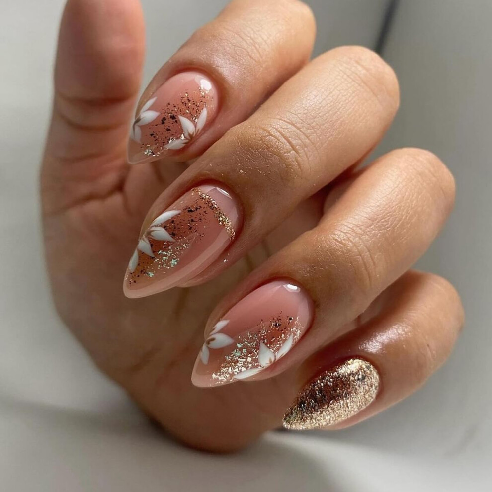 24 Pcs Pink Almond Press on Nails with Gold Glitter Flowers, Short Fake Nails Salon Look