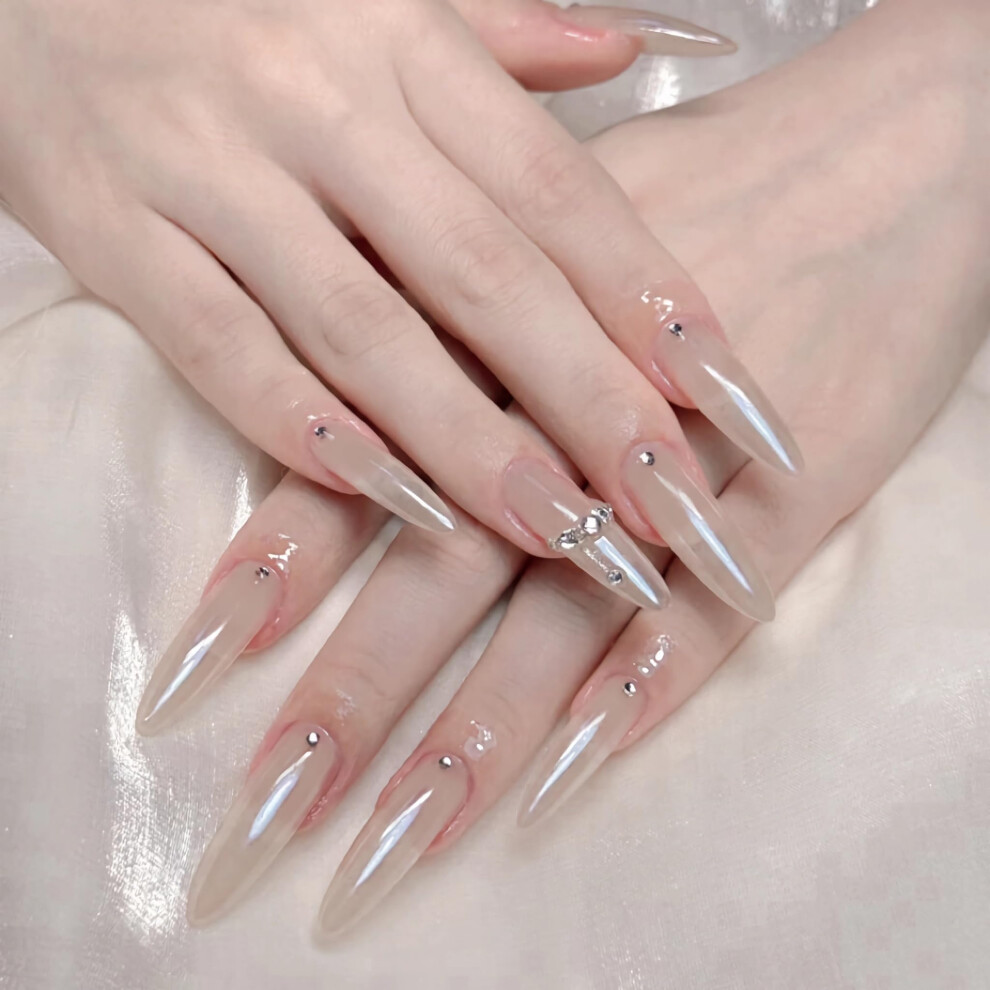 White Long Stiletto Press On Nails Chrome Aurora With Rhinestones 24Pcs Salon Ready Acrylic Set