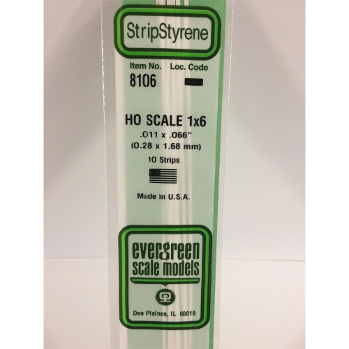 Evergreen Evergreen 8106 - 0.011" x 0.066" Polystyrene HO-Scale Strips 14"/35cm 10pcs