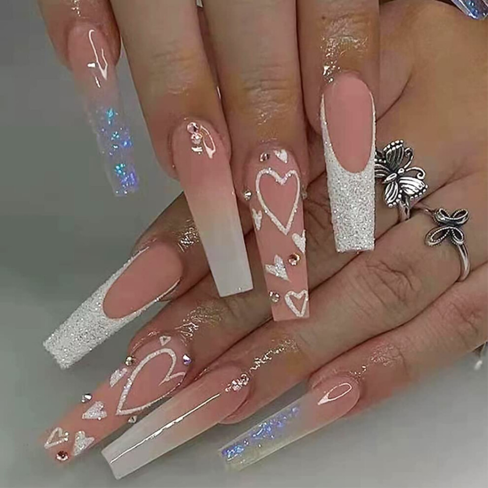 Reusable Pink French Butterfly Press on Nails Set Long Ballerina Fake Acrylic Nails 24pcs