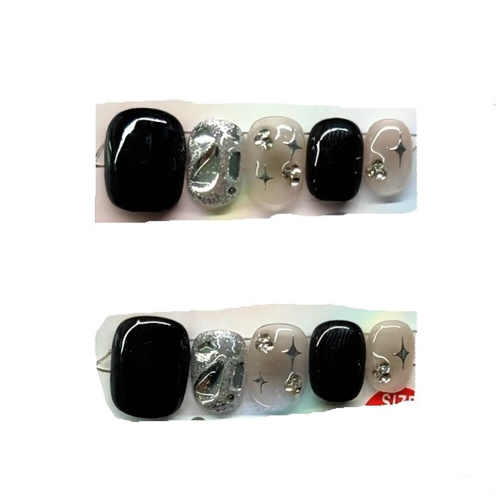 Black False Nails Press On Short Square Acrylic Starry Sky Design, Instant Salon Manicure