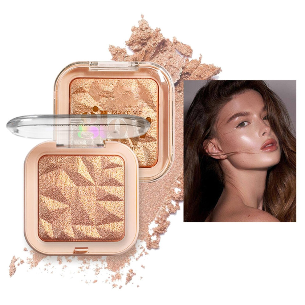 Gold Highlighter Makeup Palette With Pearl Shimmer, Baked Face Highlighter Powder For 3D Glow Contour