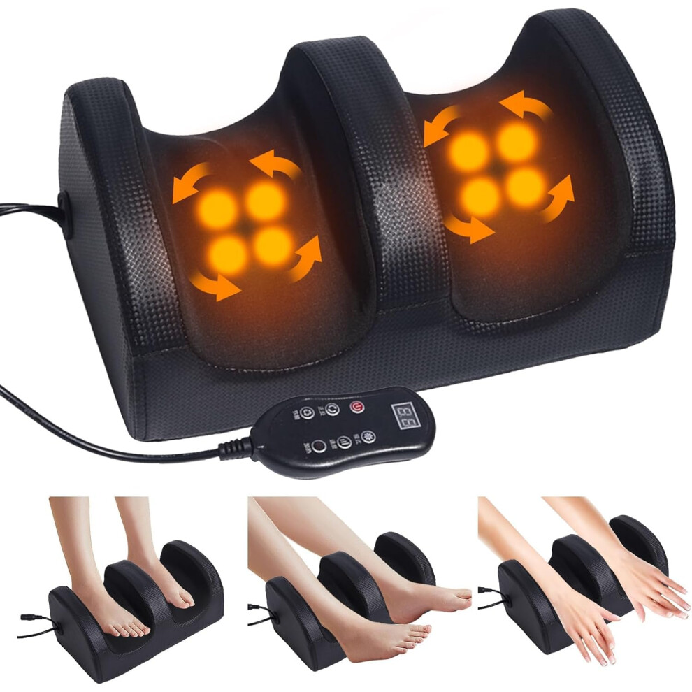 Foot and calf massager features acupressure, heating, deep rolling to relieve pain and boost circulation