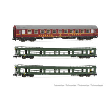 Arnold HN4424 DR, 3-unit pack OSShD type B coaches, "Spree-Alpen-Express", set 2 of 2, green and red livery, ep. IV, 1 x WR + 2 x DDm N Gauge