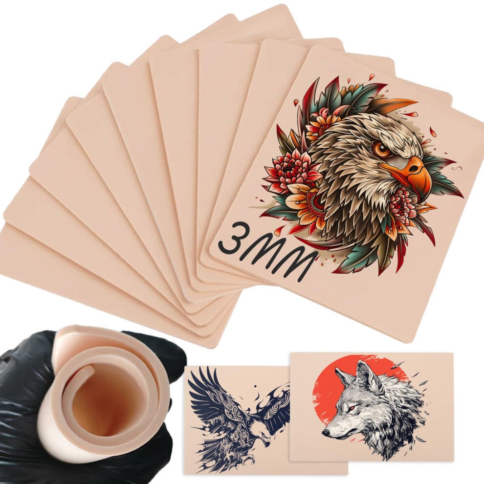 3mm Silicone Tattoo Practice Skin 10PCS Double Sided Reusable Pads with Realistic Texture for Beginners