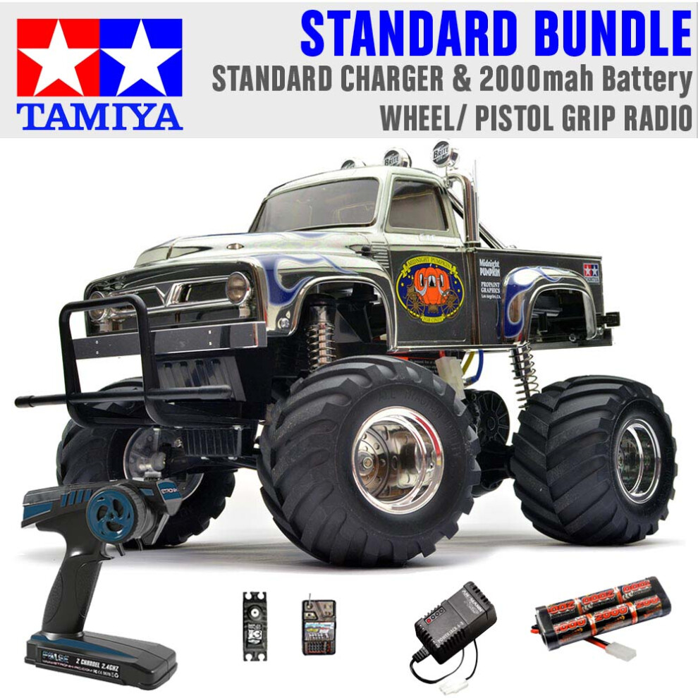 Tamiya Rc 58365 Midnight Pumpkin Monster Truck 1:12 Standard Wheel Radio Bundle