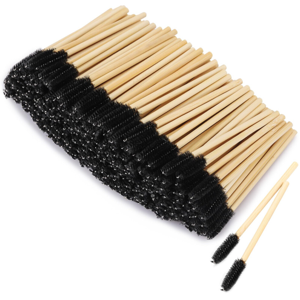 Black 300 Disposable Mascara Wands With Bamboo Handles For Eyelash Extensions And Eyebrow Grooming