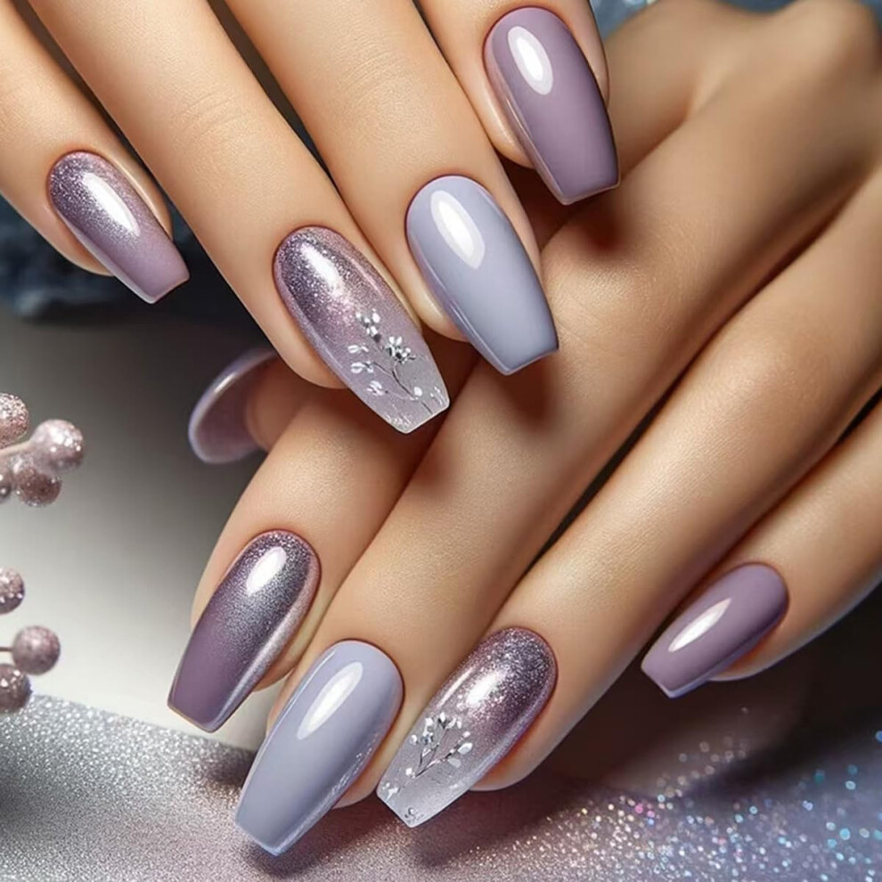 24 Pcs Purple Coffin Press On Nails Square Glitter Ombre Flower Design Acrylic False Nail Kit
