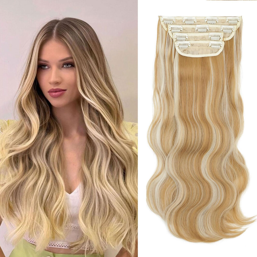 20 Inch Blonde Clip In Hair Extensions for Women, 4PCS Long Wavy Synthetic with Secure Clips