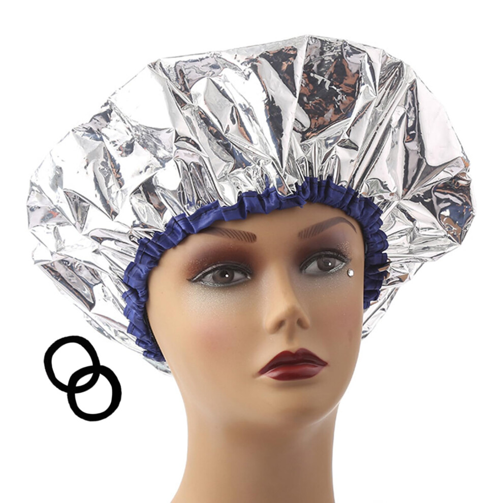 Silver Deep Conditioning Heat Cap With Aluminum Foil, Waterproof Reusable Hair Treatment Cap + 2 Ties