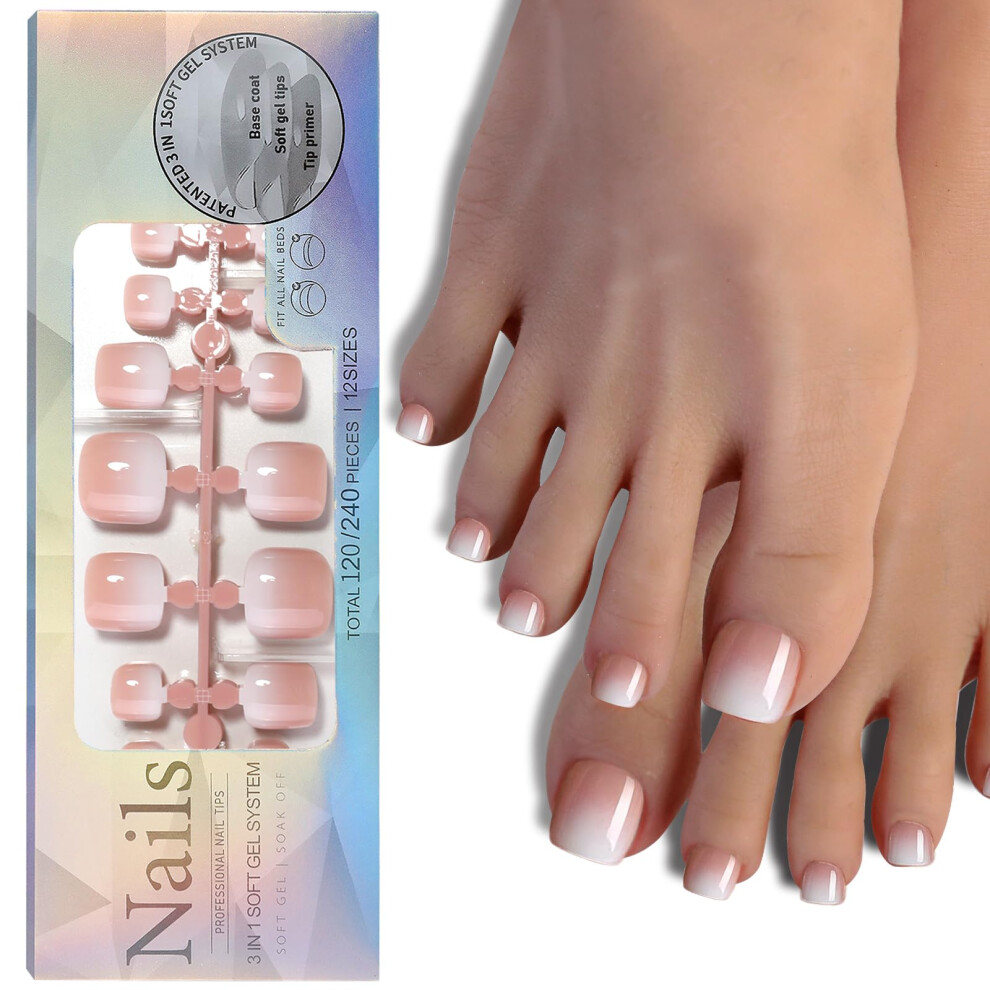 White Short Gradient Press On Toenails 120Pcs Brown Ombre Soft Gel Fake Toenails For Women