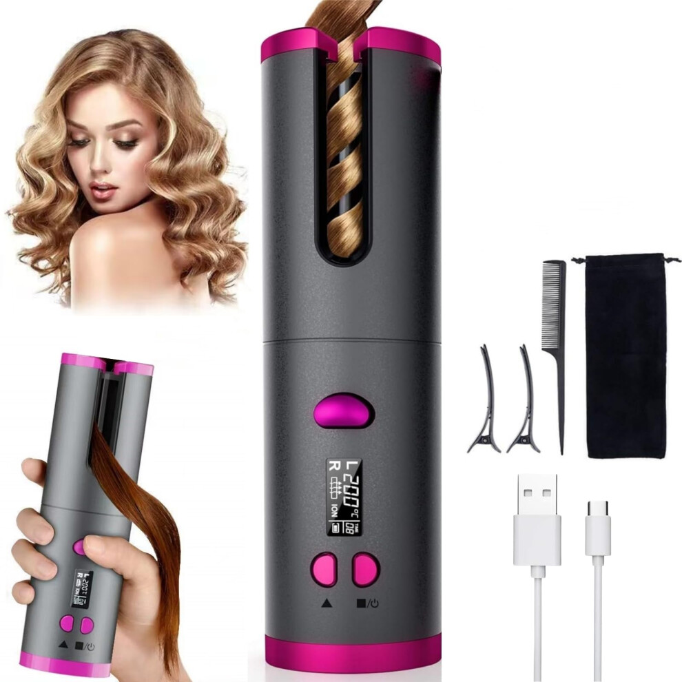 Black Cordless Automatic Curling Iron With Lcd Display, Six Heat Settings, Antiscald Ceramic Barrel, Rechargeable Travel Hair Curler