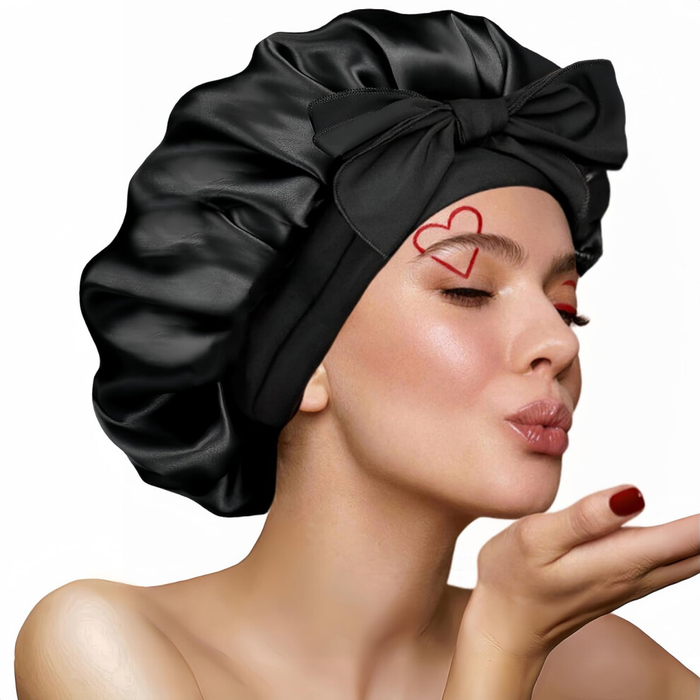 Unisex Black Satin Bonnet For Sleeping Women, Adjustable Silk Bonnet For Curly Hair With Tie Band
