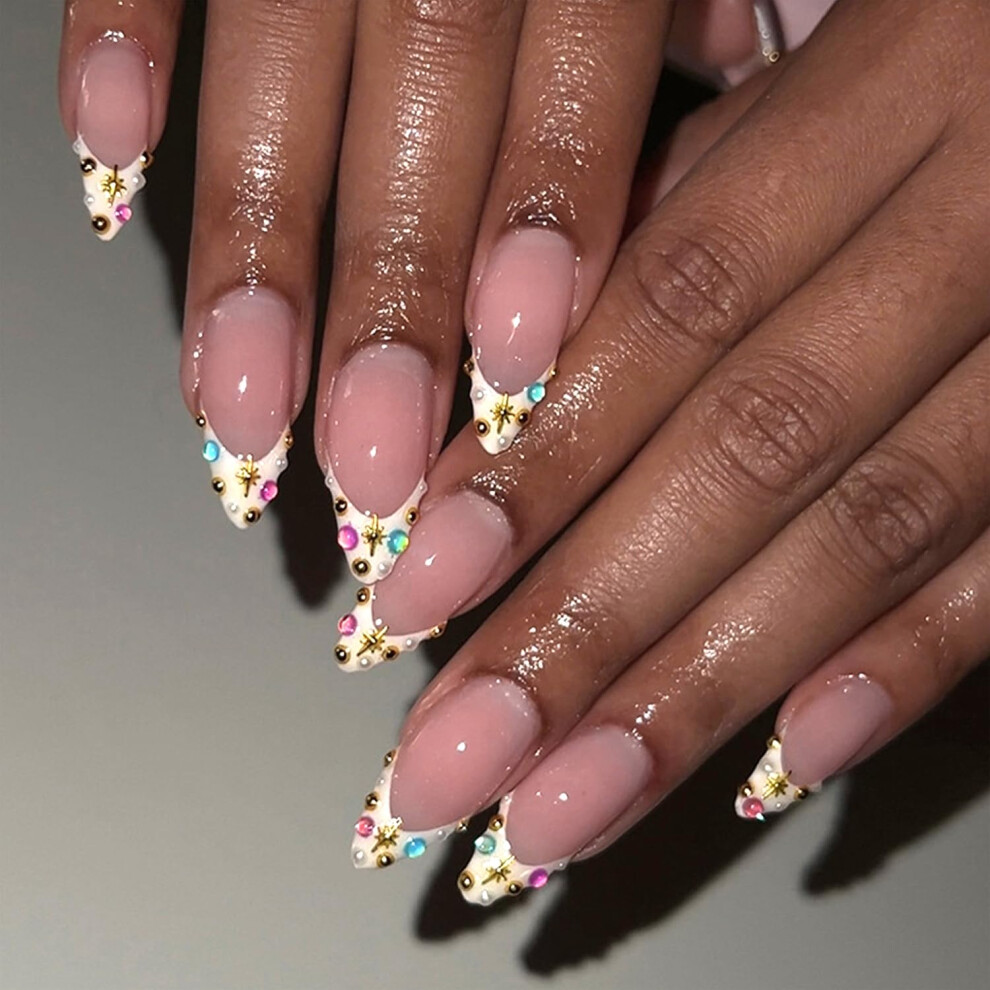 White French Tip Press On Nails With Rhinestones, Medium Almond Acrylic False Nails, 24Pcs Reusable