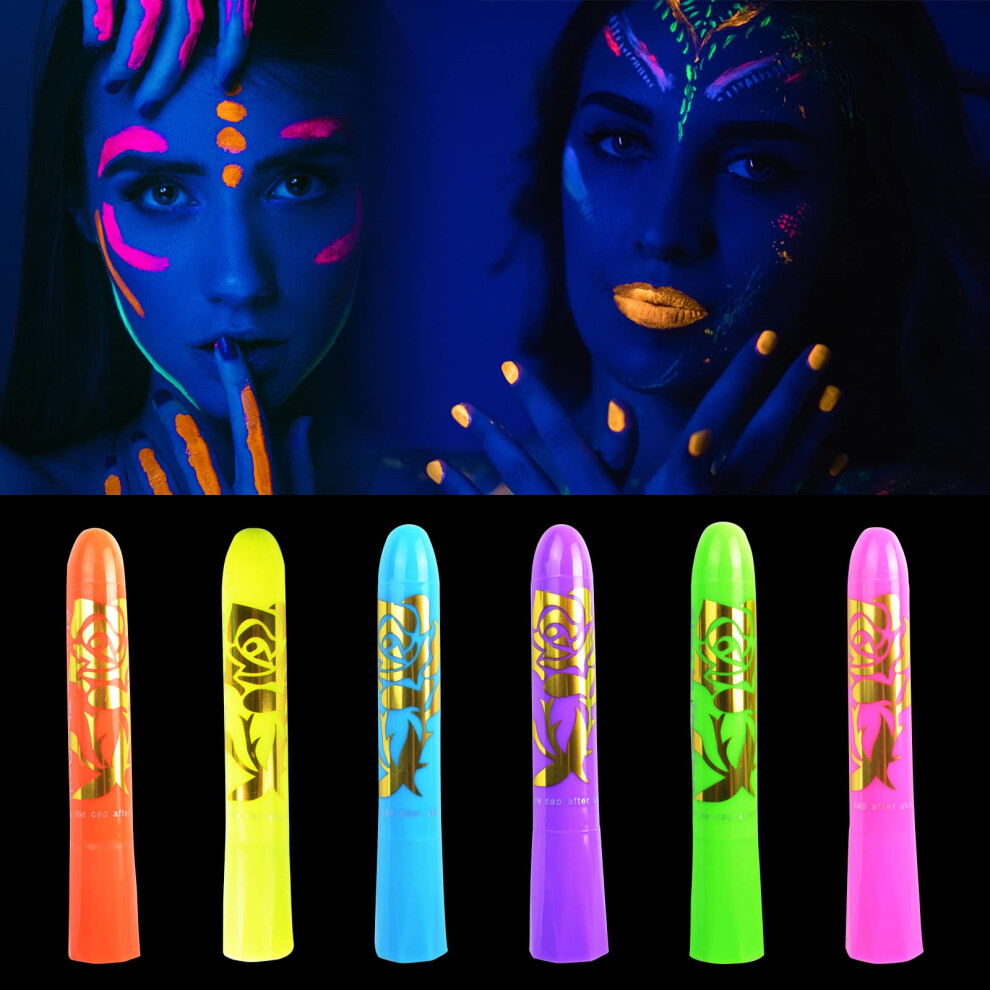 Dark Uv Face Paint Sticks 6 Colors, Glow In The Body Paint, Blacklight Safe, Washable Crayons