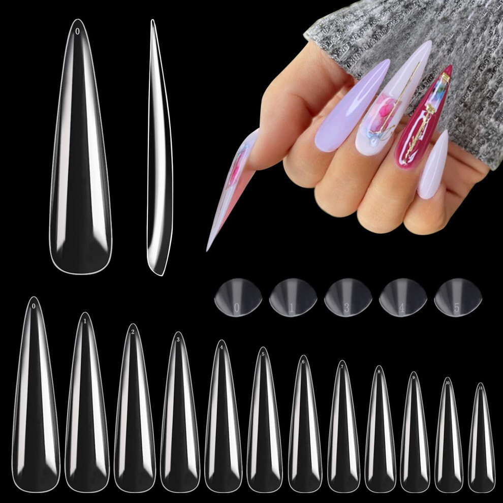 XXXL Full Cover Stiletto Nail Tips 600pcs Extra Long Clear No C Curve for Acrylic Nails 12 Sizes
