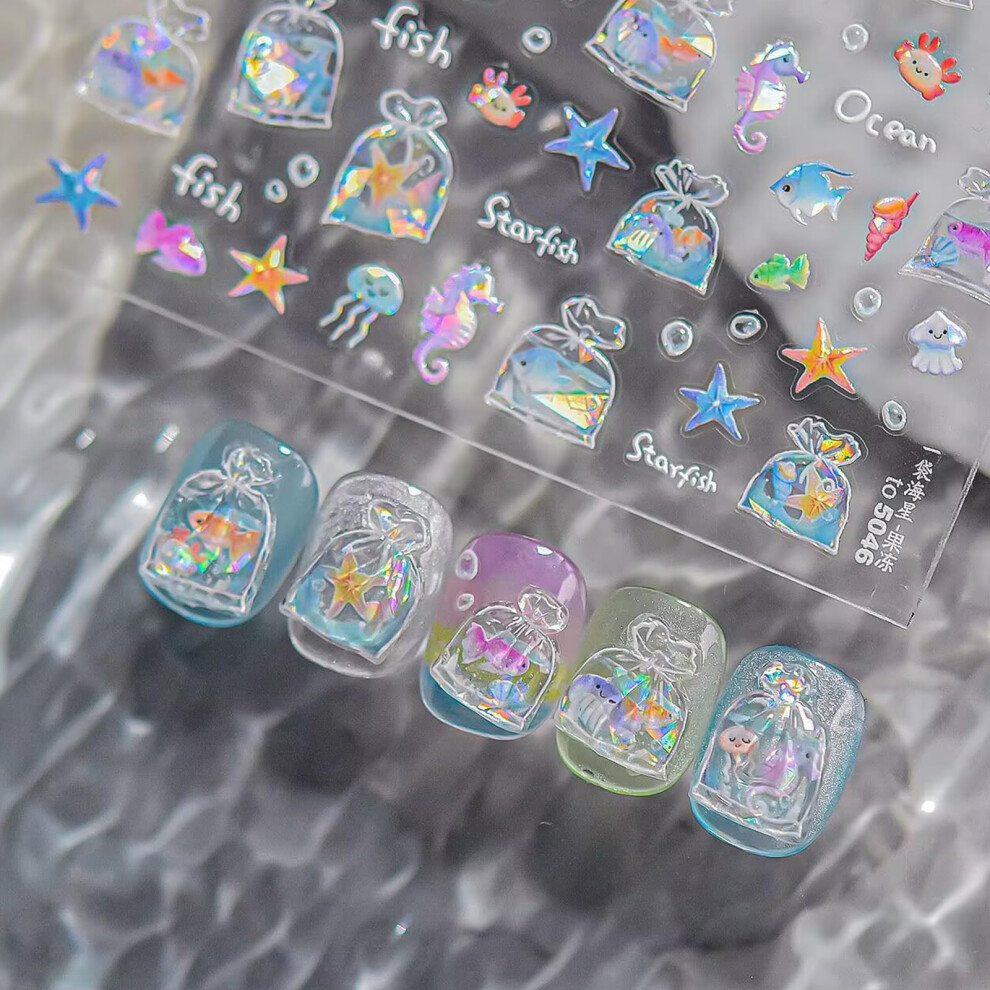 5D Embossed Nail Art Stickers SelfAdhesive Ocean Theme 3D Nail Decals with Cute Sea Animals