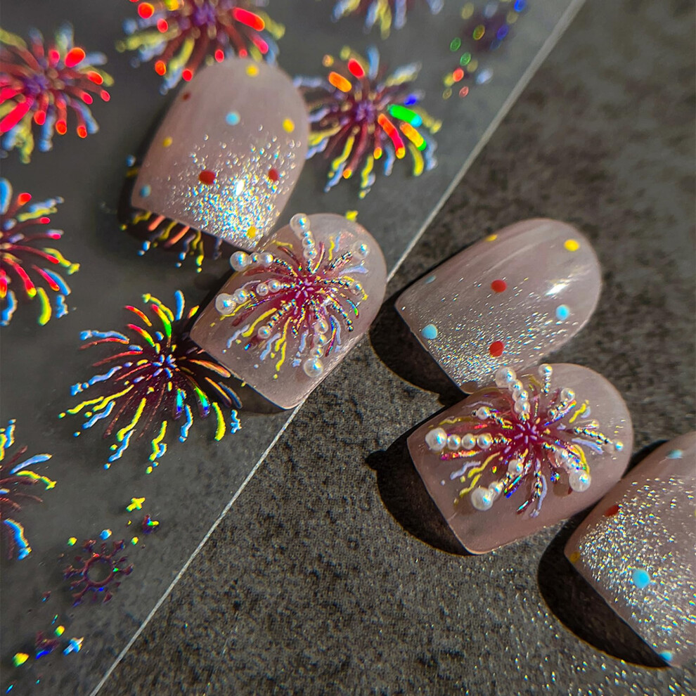 Fireworks Nail Art Stickers with 5D Embossed Texture, Self Adhesive Nail Decals for Holiday Manicure