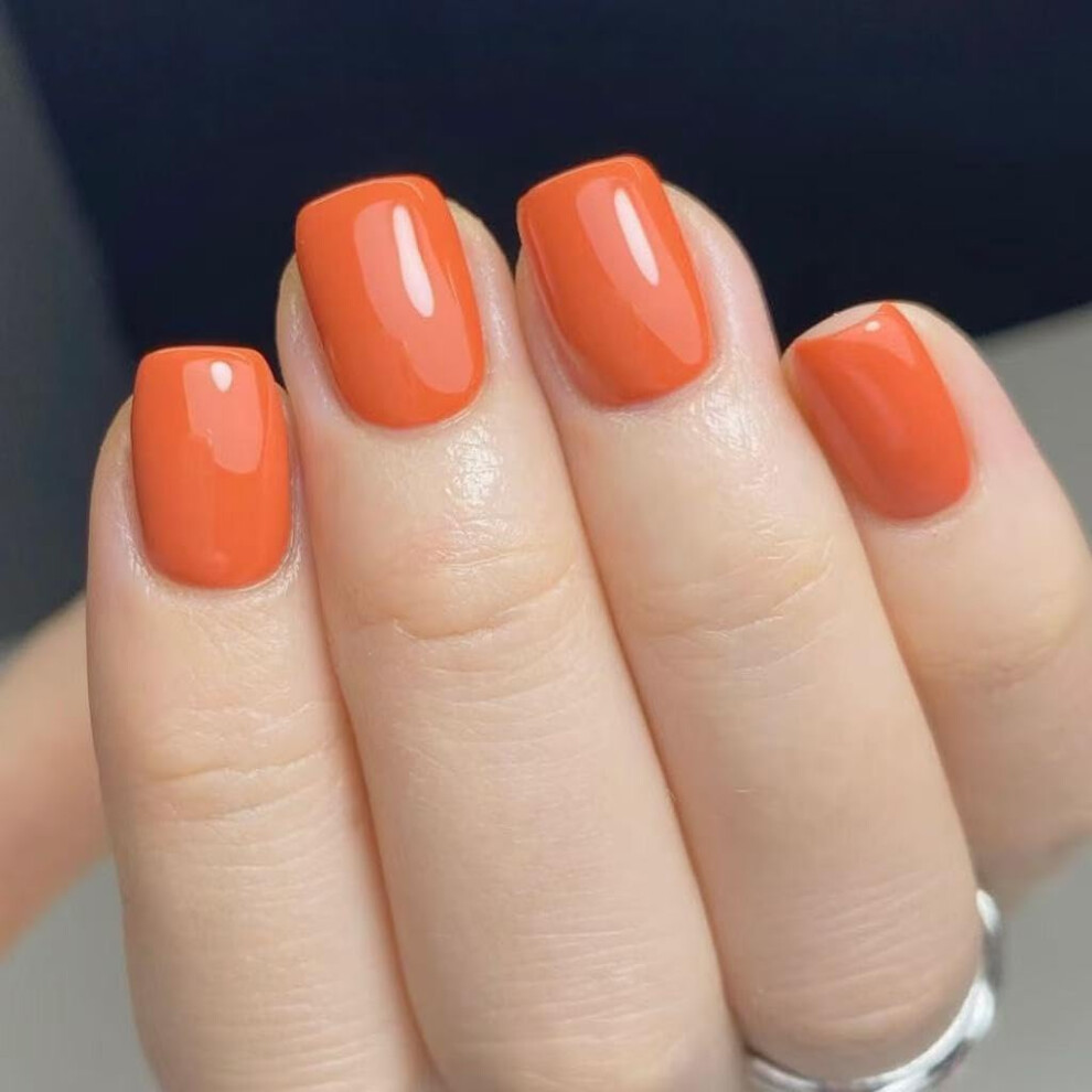 Orange Press On Nails Extra Short Squoval Bright Jelly Reusable Glossy Fake Nails Set 24Pcs