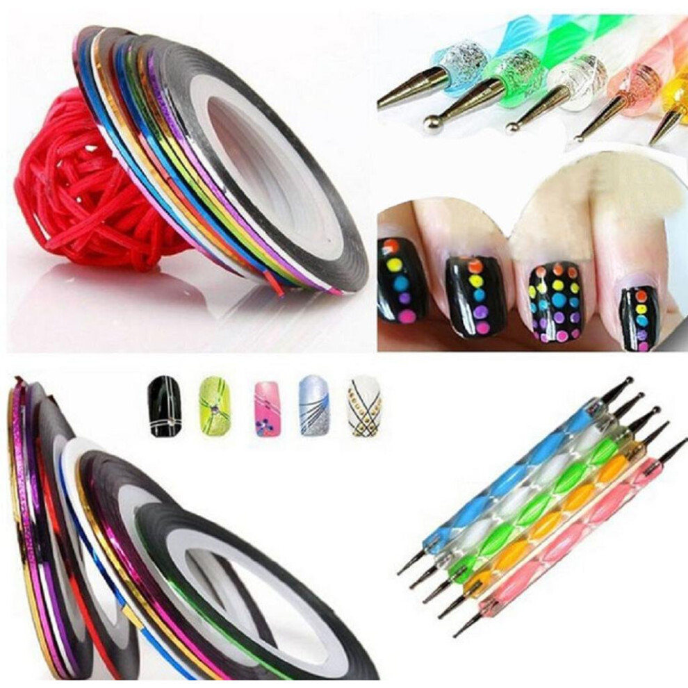 Nail Art Dotting Tools and Striping Tape Set 5pcs Pens 10 Colors for Precise Manicure Pedicure Designs