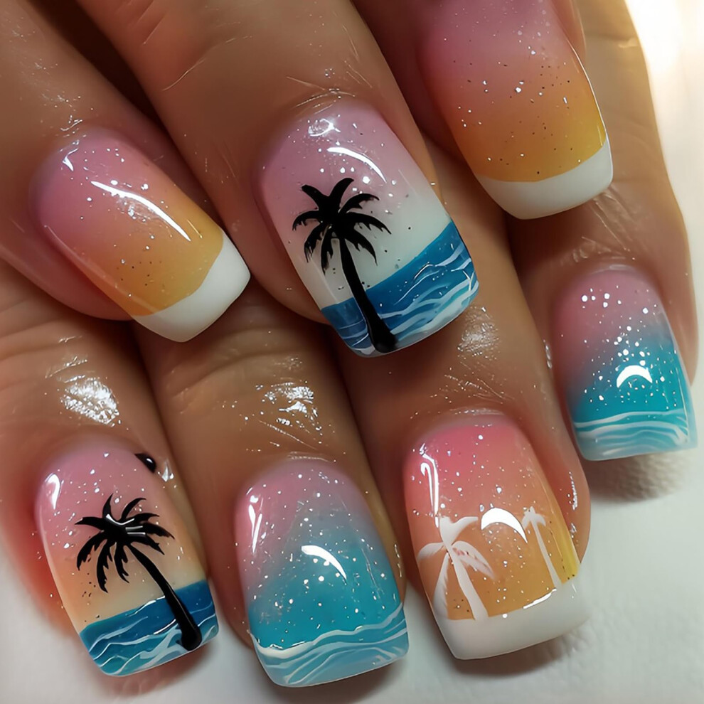 Summer French Tip Press On Nails with Coconut Tree, Gradient Glitter Acrylic Fake Nails, 24pcs