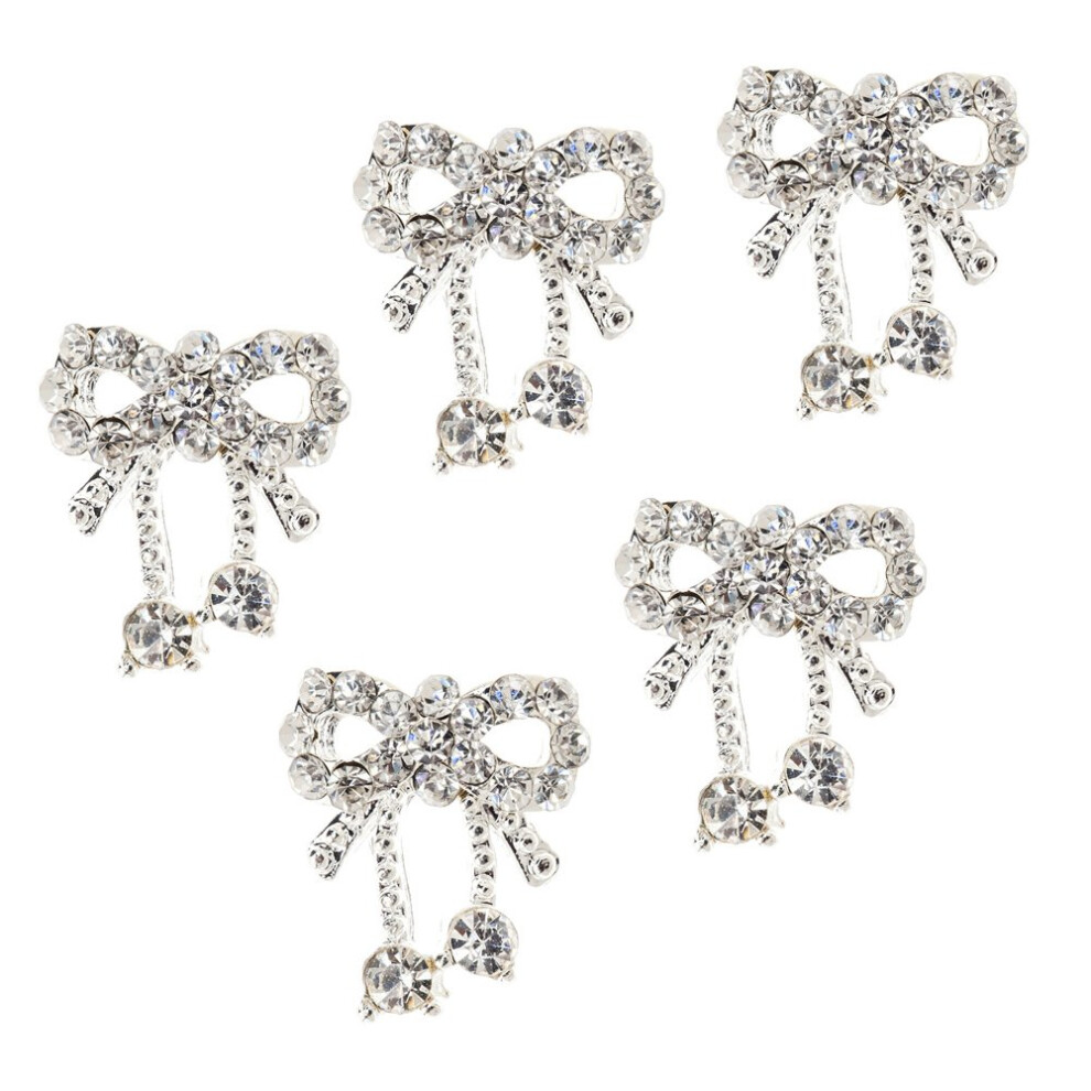 5pcs Silver Bow Tie Nail Art Rhinestones with Crystal Gems Elegant Sparkling Design