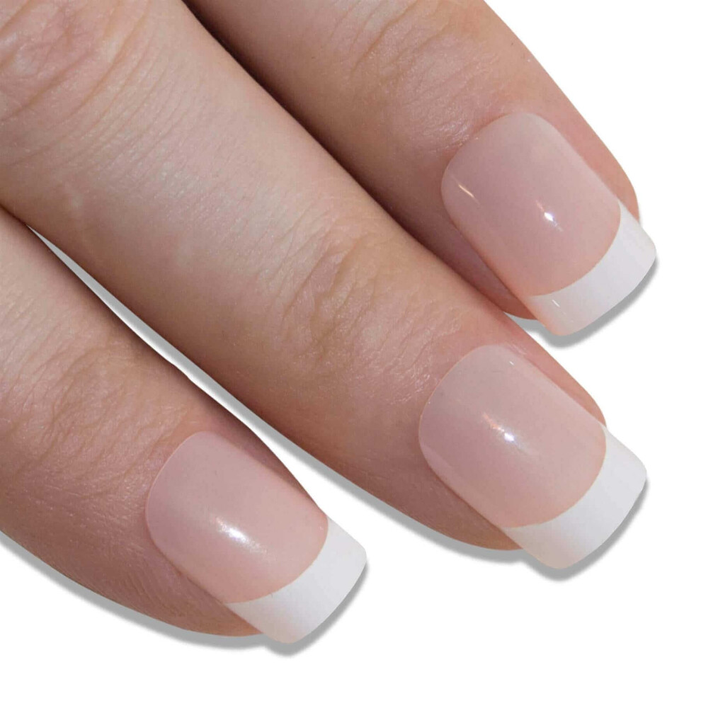 White French Manicure False Nails Medium Press On Set With Glue Natural Look Glossy Finish