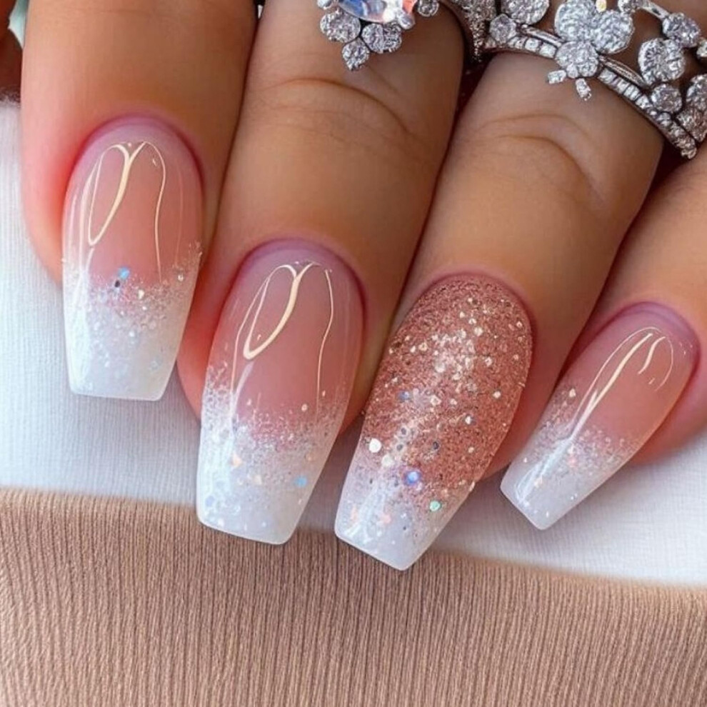 Press On Nails Medium Length Coffin Tips Glitter Acrylic Full Cover Fake Nails with Sequins 24Pcs