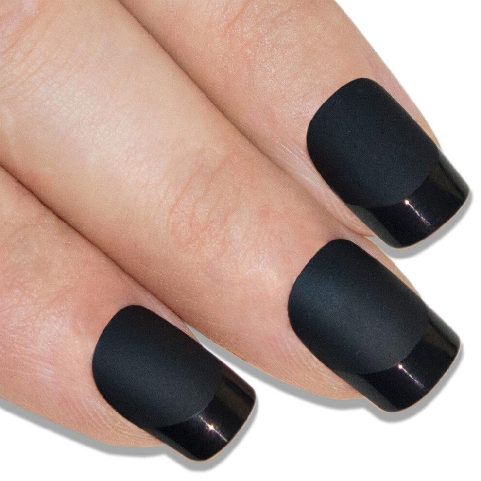 Black Matte Squoval Press On Nails With Glossy French Tips, Durable Medium Length False Nails