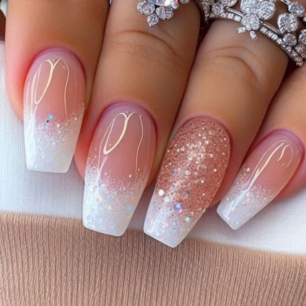 White Glitter Gradient Coffin Press On Nails Reusable Acrylic Set For Women 24Pcs