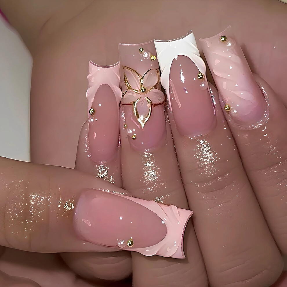 Pink Medium Press On Nails French Tip Fake Nails With Glue 24Pcs Squoval Custom Fit For Women