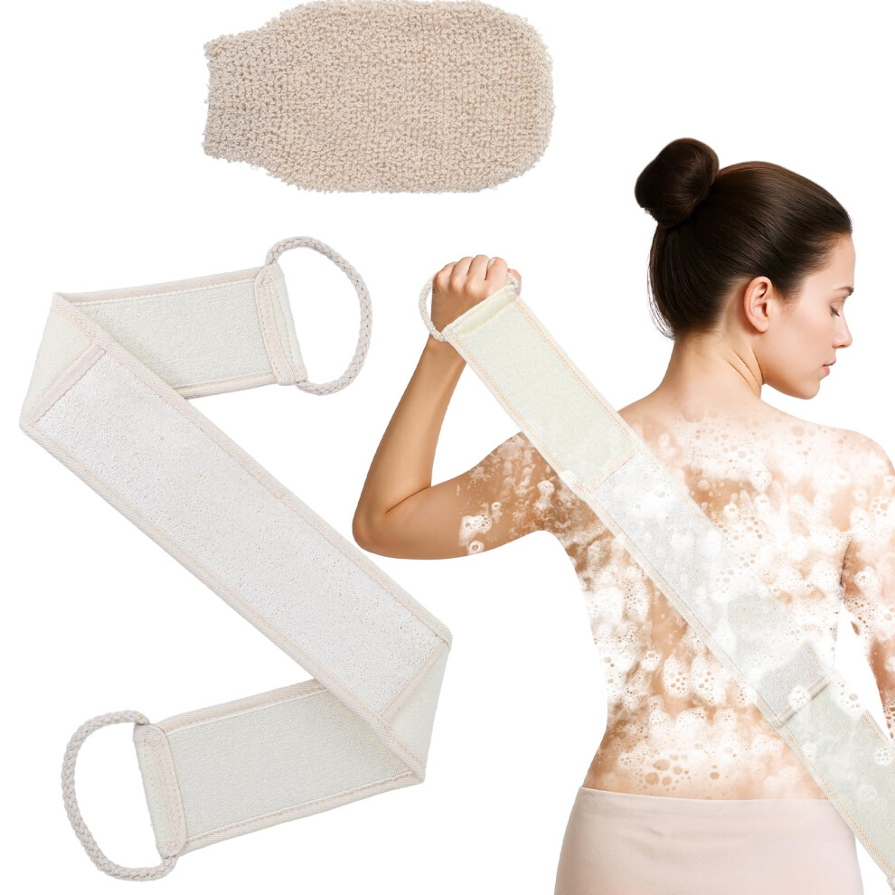 Natural Loofah Back Scrubber with Dual Handles and Exfoliating Shower Glove for Deep Skin Cleaning