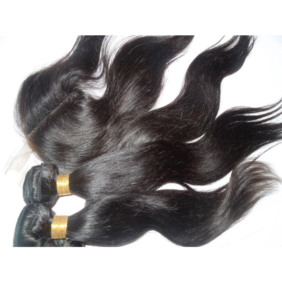 Unisex Cambodian Virgin Human Hair Bundles With 4X4 Mid Part Closure Straight Weave 10Â28 Inch Natural Color