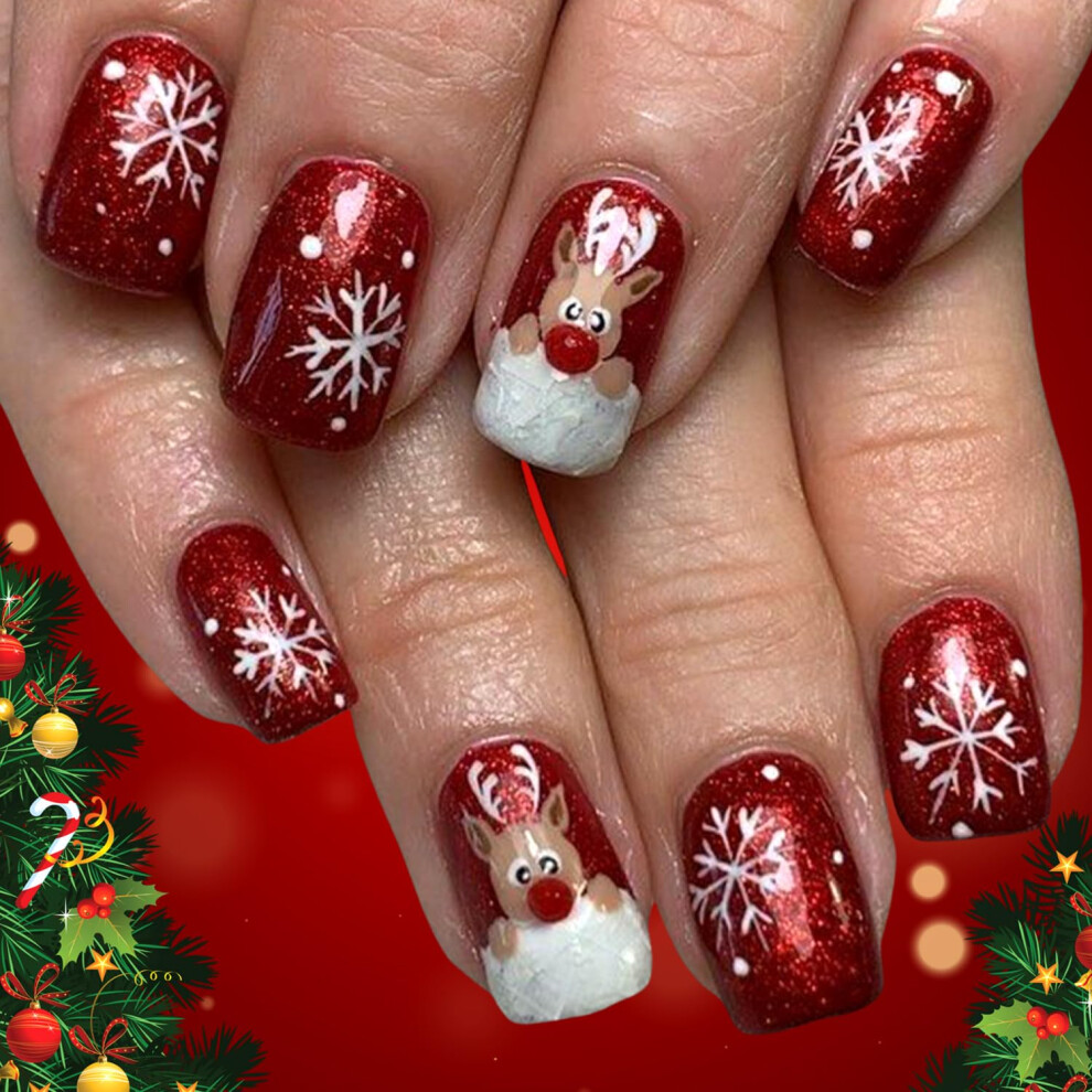 Christmas Press On Nails Short Square Red with Deer Snowflake Glossy Full Cover Fake Nails 24Pcs