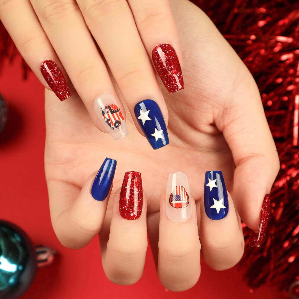 Red Glitter Press on Nails Medium Length Square Fourth of July Fake Nails with LongLasting Gel Finish Set